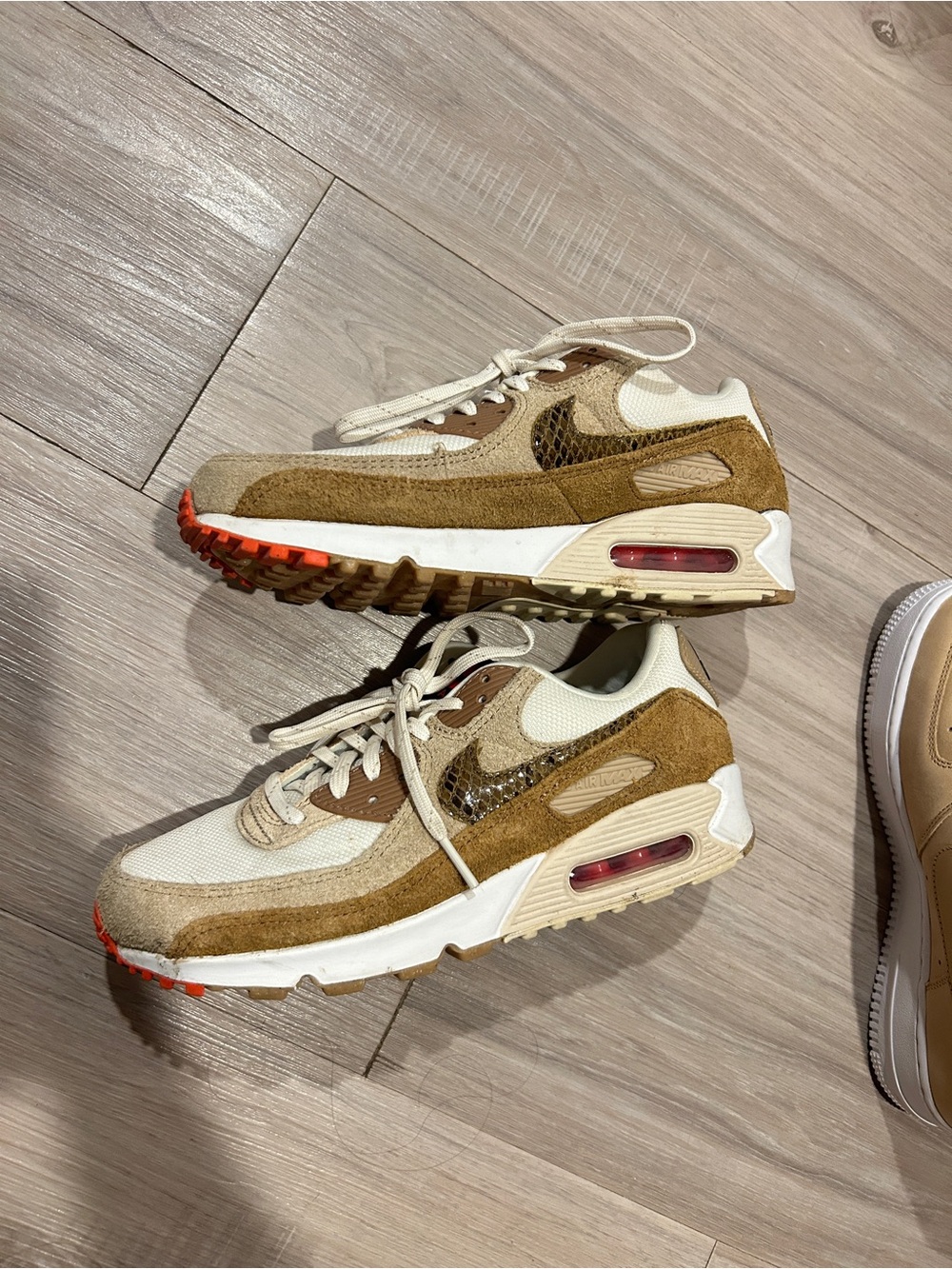 Womens Nike Air Max 90 Cream, Brown & Rattlesnake Sneakers with Orange Accent